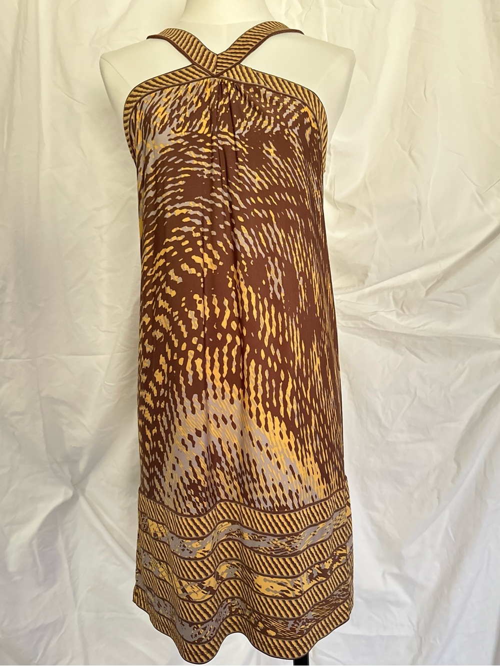 BCBGMaxAzria Brown & Mustard Printed Halter Mini Dress